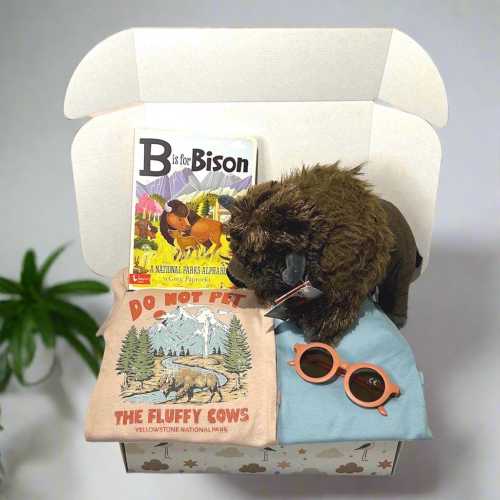 National Parks Baby Gift Box - Bison Onesie "Do Not Pet Fluffy Cows" - Nature Themed Newborn Set for Camping Hiking Wilderness Family