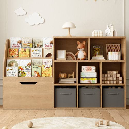 Isabelle & Max™ Kids Toy Organizer and Bookshelf, 67" Storage with Drawers and 5 Cubbies, Playroom Reading Nook, Natral Wood & Reviews | Wayfair