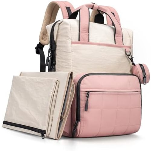 VONAL Diaper Bag Backpack, Lightweight Baby Diaper Bags, Travel Large Diaper Bag with Changing Station, Pink Diaper Backpack for Boys Girls Newborn with Insulated Pockets, Stroller Straps