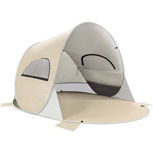 Wolfwise Beach Tent Sun Shelter for 3 Person, Instant Easy Setup Popup Beach Shade Tent with UPF50+ UV Protection, Portable & Foldable with Carring Bag, 87 ×57×47 in, Sand Beige
