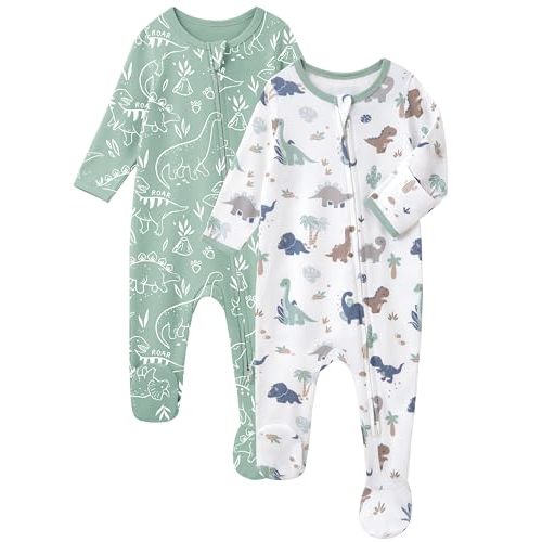 Baby Sleepers 100% Cotton Footie Pajamas, Newborn 0-3 3-6 6-9 Months with 2-Way Zipper, 2pcs PJs Baby Boy Clothes