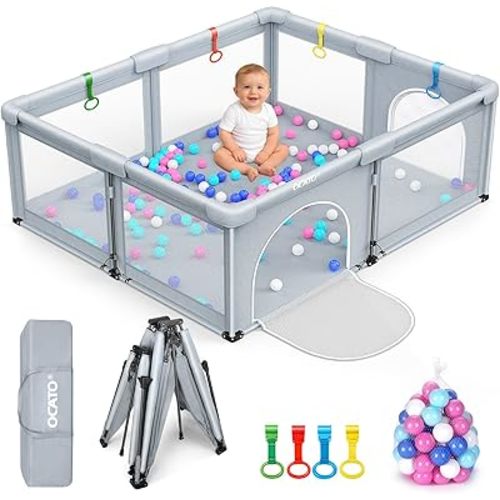 Baby Playpen: Foldable Large Playpen for Babies and Toddlers Large Play Pen Portable Playpen Fence Kids Safety Area Travel Play Yard with 1 Storage Bags 4 Handlers 50 Balls Indoor Outdoor (71" × 59")
