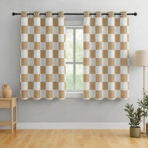 Beige and White Checkered Blackout Curtains, 2 Panels, 52 * 63 | 100% Blackout, Race Car Flag Checkered, Thermal Insulated, Noise Reducing, Machine Washable, Grommet Top
