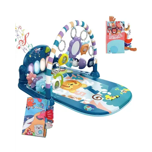 dearlomum Baby Play Mat Gym,Funny Play Piano Tummy Time Activity Mat with 5 Infant Sensory Toys & 2 Baby Book Toys, Boy & Girl Gifts for Newborn 0 to 3 6 9 12 Months(Blue)