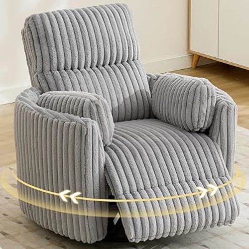 Power Swivel Glider Rocking Recliner Nursery Chair with 2 Pillows, Electric Rocker Reclining Chairs with Type-C & USB Charger Port for Living Room, High Back Barrel Armchair for Bedroom, Grey
