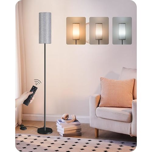 Dimmable Gray Floor Lamp for Living Room with Remote and Foot Switch, Corner Floor Lamp for Bedroom, Modern Standing Tall Lamp, 10W 900LM Bulb Included, 3000K-6500K, Linen Shade, FCC Listed H06LD05W1