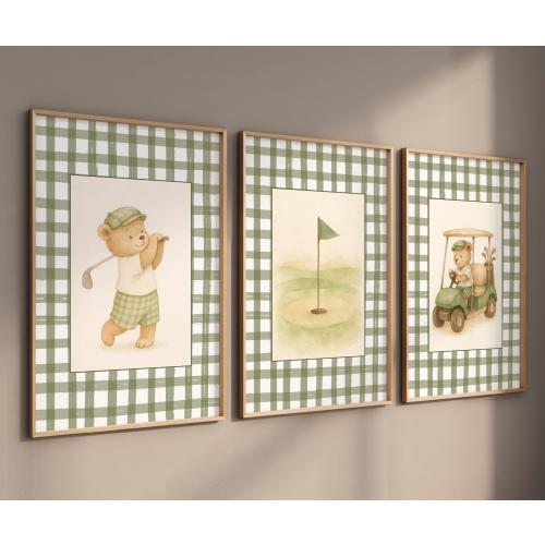 Neutral Nursery Wall Art, Golf Teddy Bear Print Set, Play Room Wall Decor, Digital Download