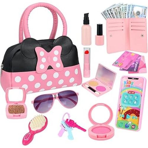 Pretend Play Purse for Little Girls, Toddler Purse with Pretend Makeup Toys for Toddlers, Princess Pretend Play Purse Toys with Accessories, Kids Purse Toy Birthday Gift for Girls Age 3 4 5 6+