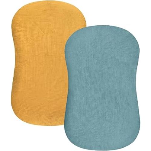 Hooyax Baby Lounger Cover 2 Pack - 100% Muslin Cotton Newborn Lounger Pillow Covers Only, Soft Breathable Infant Lounger Cover with Reinforced Stitching, Fits Most Standard Baby Loungers (Blue Ginger)