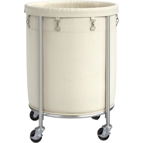 ELYKEN Laundry Basket with Wheels, 170L Rolling Laundry Hamper with Removable Bag and Steel Frame, Round Laundry Cart with 4 Casters and 2 Brakes, Ideal for Bedroom, Bathroom, Laundry Room, Cream