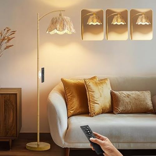 Arc Floor Lamp for Living Room with 3 Color Temperatures, Rattan Boho Floor Lamp with Remote & Dimmable Bulb, Farmhouse Floor Lamps Suitable for Bedroom, Study(Light Woodgrain)