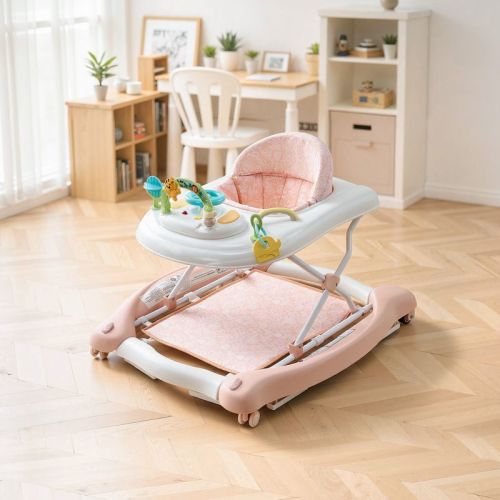 VEVOR 5-in-1 Baby Walker, Folding Baby Activity Center on Wheels, Height Adjustable, Anti-Rollover Toddler Walking Helper for 6-24 Month Kids, Pink