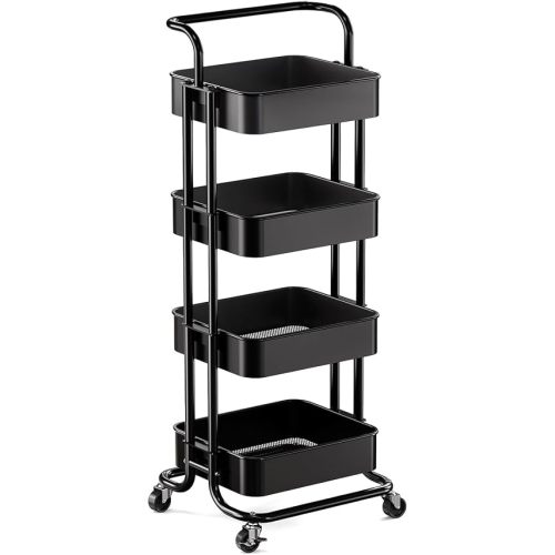 Pipishell 4 Tier Mesh Utility Cart, Rolling Metal Organization Cart with Handle and Lockable Wheels, Multifunctional Storage Shelves for Kitchen Living Room Office White, PIUC12B