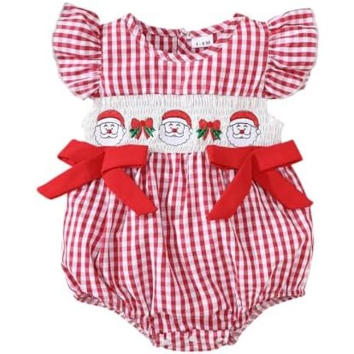 Newborn Girl Smocked Santa Romper Infant Baby Christmas Tree Embroidery Bubble Rompers Fly Sleeve Gingham Bodysuit