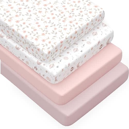 4 Pack Crib Sheets for Girls – Fitted Crib Sheets for Standard Crib Mattress and Toddler Mattress, Ultra Soft Breathable Washable Polyester, 28x52inch, Light Pink & Star