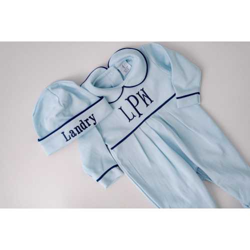 Baby boy coming home outfit, monogrammed boy romper, sk creations, pima cotton