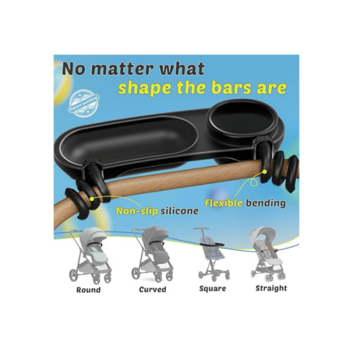 Universal Snack Tray for Stroller, Cup Holder Tray with Flexible Silicone Arm Gripper, Stays in Place Tray Attachment for Toddler & Kids, Snacking On The Go, Stroller Travel Accessories, Universal Fit
