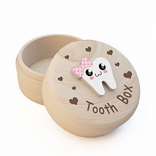 Tooth Box for Girls Heart Carved Wooden Box with 3D Tooth | Stores Lost Teeth for Kids, Easy to Carry, Souvenir Dropped Tooth Keepsake Storage Box Gift for Little Girl (P-bowtie-T)