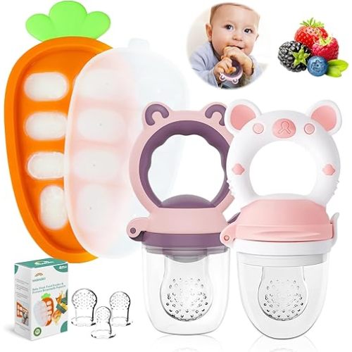 Baby Fruit Food Feeder Pacifier - Fresh Food Feeder, Infant Fruit Teething Teether Toy for 3-24 Months, 3 Pcs Silicone Pouches for Toddlers & Kids & Babies, 2-Pack (Purple Pink)