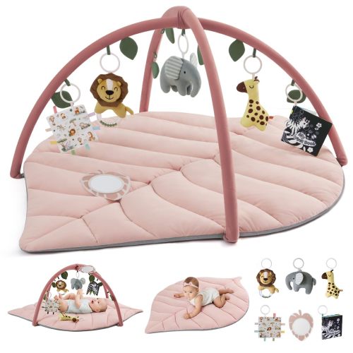 Blissful Diary Baby Play Gym & Activity Mat, Oversize Leaf Shaped Tummy Time Baby Play Mat w 6 Detachable Toys Promotes Motor Skills & Sensory Development, Newborn Infant Essentials Gift, Crystal Pink
