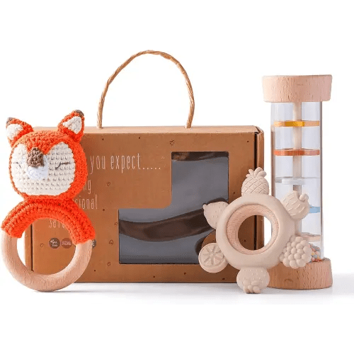 Youuys Wooden Baby Rattle Set (3pcs) - Crochet Rattle Rain Stick Teething Toys, Wooden Montessori Toy for Newborn Infant Baby Rattles Set Toys 3-6 Months (Fox)