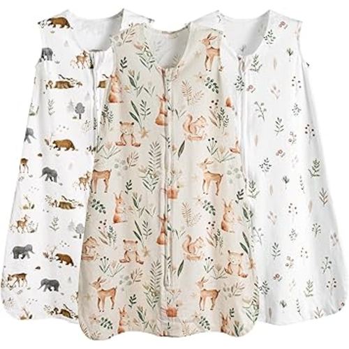 PHF Soft Baby Sleep Sack 0-6 Months 100% Cotton Wearable Blanket, 2-Way Zipper 0.5 TOG Toddler Sleeping Sack 3 Pack, Comfy Sleep Bag for Baby Boys Girls, Woodland (Small)