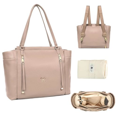 miss fong Diaper Bag Tote Leather Diaper Bag Backpack, Large Capacity Mommy Bag Hospital Bag, 12 Pockets Travel Diaper Tote with Changing Pad Pañaleras Para Bebe for Moms & Dad-Khaki