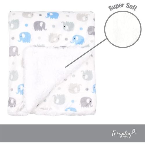 EVERYDAY KIDS Large Ultra Soft Gray and Blue Elephant Minky Baby Blanket for Boys Mink and Sherpa Toddler and Baby Boy Blanket Measures 30 x 40”; Trendy Animal Elephant Baby Nursery Decor