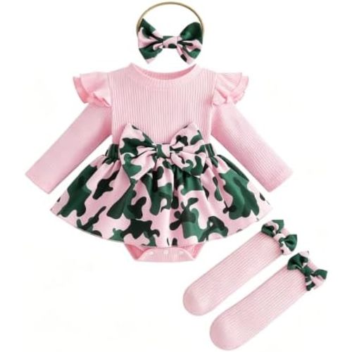Giraropa Newborn Baby Girl Winter Clothes Ruffle Long Sleeve Romper Dress + Socks + Headband Cute Baby Girl Fall Outfits