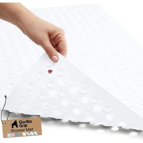 GORILLA GRIP Patented Bath Tub Shower Mat, Machine Washable Bathtub Floor Liner Mats, Suction Cups and Drain Holes to Keep Tubs Clean, Soft on Feet, Bathroom Essentials, 35x16 Inch, White