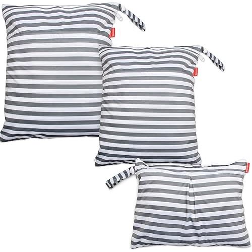 Damero 3pcs Travel Wet and Dry Bag with Handle for Cloth Diaper, Pumping Parts, Clothes, Swimsuit and More, Easy to Grab and Go, Gray Strips