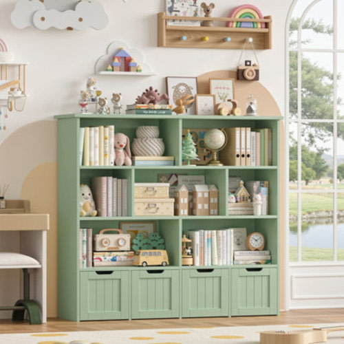 Harriet Bee Kirklyn 49.4"W 7 Cube Bookcase, Standard Bookcase With 4 Removable Drawers, Wood Storage Standard Bookshelves & Reviews | Wayfair