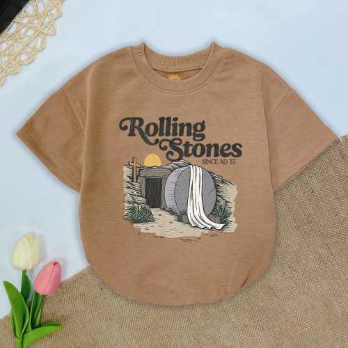Rolled Stone Romper, Easter Christian Baby Romper, He Is Alive The Stone Was Rolled Away Retro Easter Outfit, Jesus Resurrection Gift