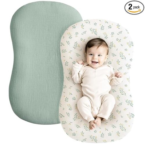 Konssy Muslin Baby Lounger Cover 2 Pack, 100% Cotton Newborn Lounger Cover, Soft and Breathable Lounger Cover for Boys Girls, Covers Only (Leaf,Green)
