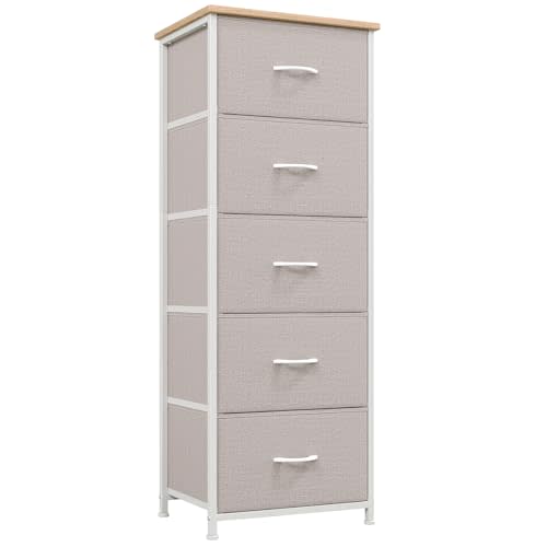 Somdot Tall Dresser for Bedroom, 5 Drawer Storage Cabinet, Ash Grey | Fabric Dresser with Removable Bins, Steel Frame, Wood Top Home Furniture, Closet Organizer, Nursery, Dorm, Entryway Storage