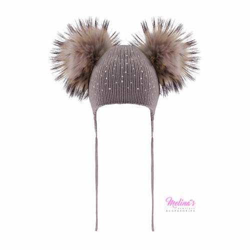 Grey Crystal Double Pom Hat
