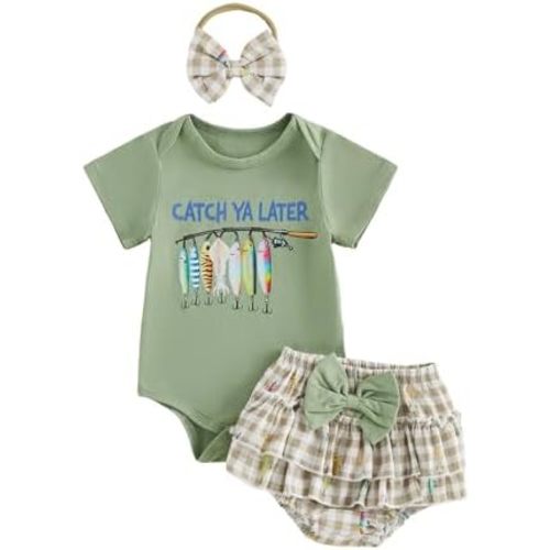 Newborn Baby Girl Fishing Outfit Fish Onesie Short Sleeve Romper Ruffle Plaid Shorts Set 3Pcs Infant Summer Clothes