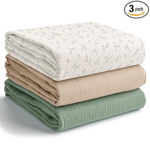 Comfy Cubs Muslin Swaddle Blankets Pack of 3 - Branch Pattern, Fern, Sand