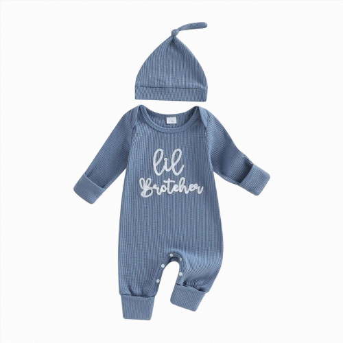 Xyant Newborn Baby Boy Fall Winter Outfit Romper Little Brother Lil Bro Long Sleeve Jumpsuit Bodysuit Cute Infant Waffle Clothes (Blue,0-3 Months)