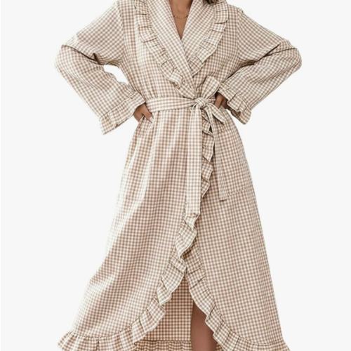 Gihuo Cotton Robes for Women Gingham Ruffle Trim Bathrobe(Khaki-M)