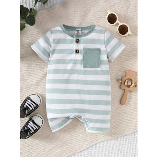 Baby Boys' Striped Short Sleeve Casual Romper With Pocketed Shorts For Summer | SHEIN USA