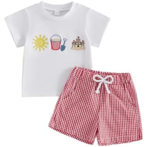 Toddler Baby Boy Summer Outfits Short Sleeve Embroidered T Shirt Tees + Striped/Plaid Shorts Infant Clothes Set