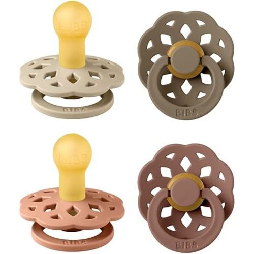 BIBS Boheme Soother 4-Pack. BPA Free Dummy Pacifier, Round Nipple. Natural Rubber Latex, Made in Denmark. 0-6 Months (Pack of 4), Peach Mix
