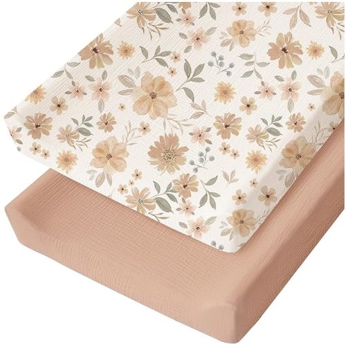 Konssy Muslin Changing Pad Cover for Baby Girls Boys, 100% Cotton Fitted Diaper Chang Table Covers, Soft Breathable Changing Pad Sheets, 2 Pack (Toffee,Flourish)