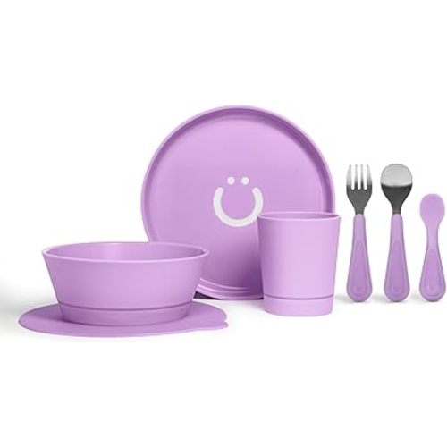 Ubbi 7-Piece Toddler Feeding Set, Includes Plate, Bowl, Cup, Utensils, Interchangeable Suction Cup Base, Smoothie Purple