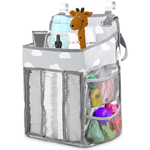 Diaper Caddy Hanging Diaper Caddy Organizer, Hanging Nursery Nappy Organiser Diaper Holder Caddy Stacker for Baby Girl Boy Crib Changing Table Playard Wall Baby Shower Gifts Bedside Storage Bag -Grey