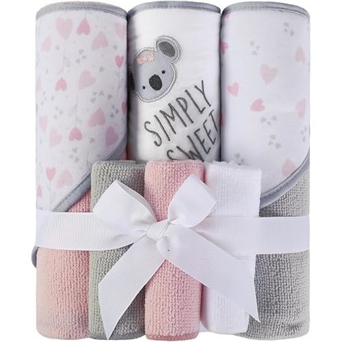 Softan Baby Hooded Towels and Washcloths Set 6 Pack, 28x28 Ultra Soft & Absorbent Baby Bath Towels for Newborn Infant Toddler, Unisex Boys Girls (Pink Heart & Grey Koala)