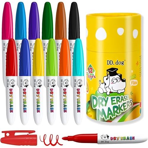 Colorful Mini Whiteboard Markers for Kids, 12 Non-Toxic Fine Tip Dry Erase Markers, Low-Odor Doodling & Drawing Pens, 3.8in Small Art Set for School & Home (12 Pack)