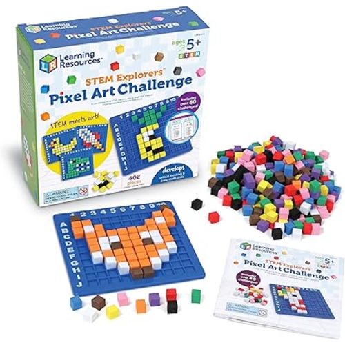 Learning Resources STEM Explorers Pixel Art Challenge - Math Puzzles, Pattern Blocks, Sensory Bin, Arts and Crafts, Math Manipulatives, Building Toys, Montessori