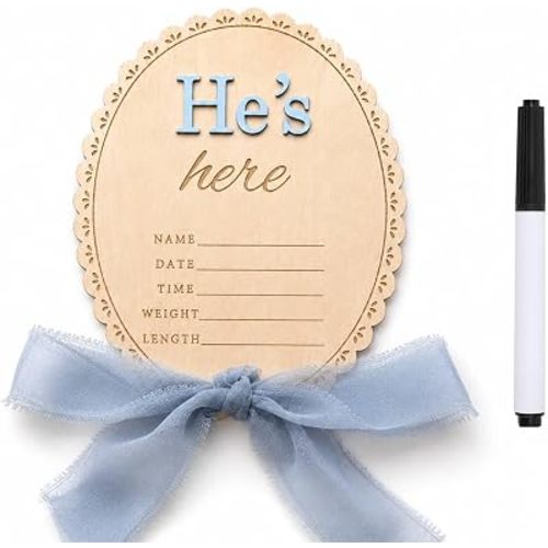 Baby Announcement Sign with Pen, He's Here Wooden Newborn Boy Sign